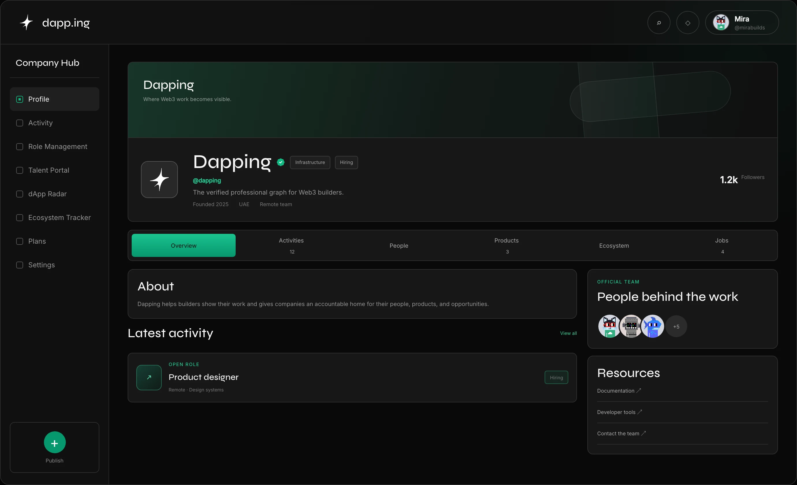 The Dapping company hub showing its identity, team, products, and opportunities.