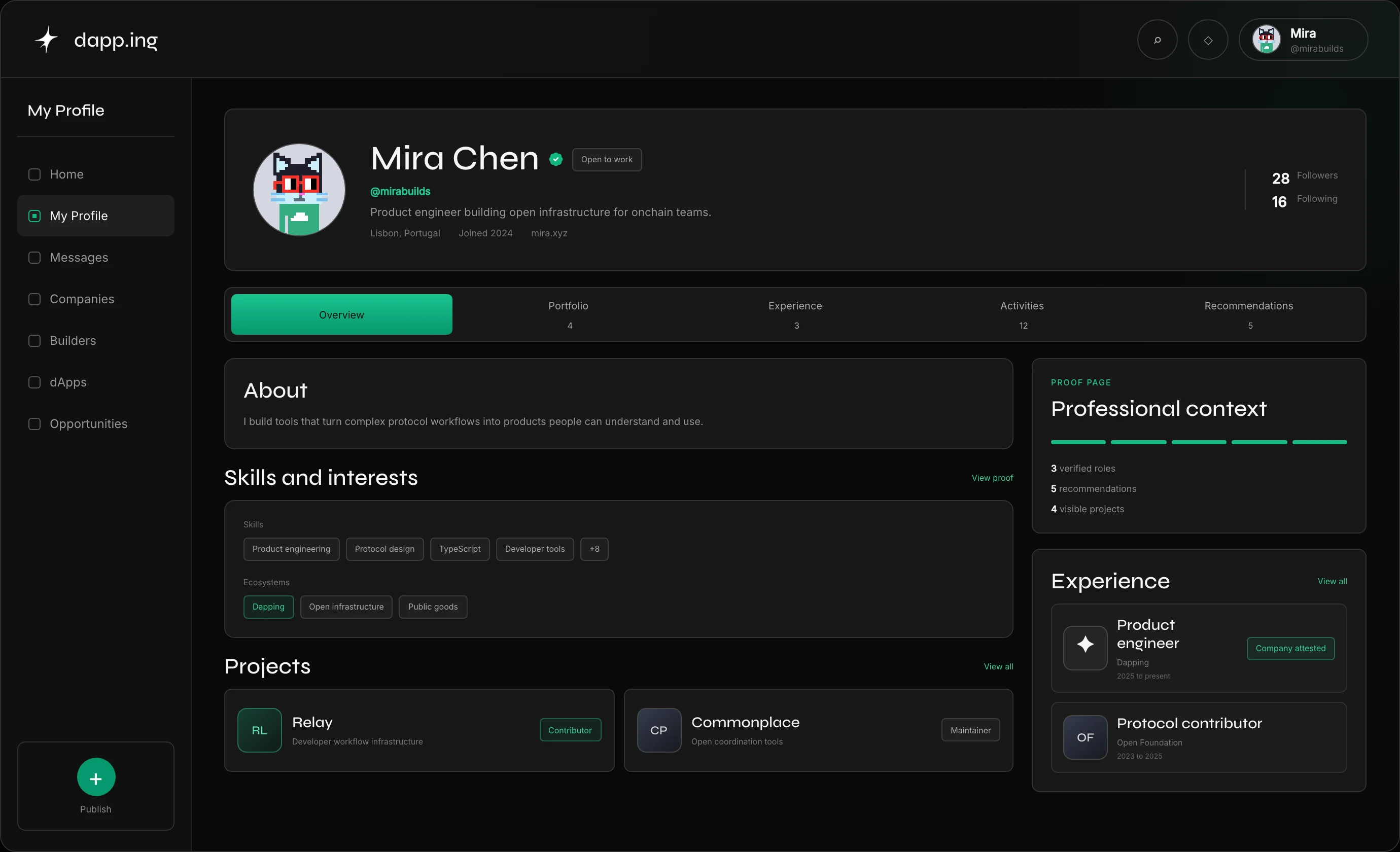 A Dapping proof page showing a builder profile, skills, projects, verified experience, and recommendations.